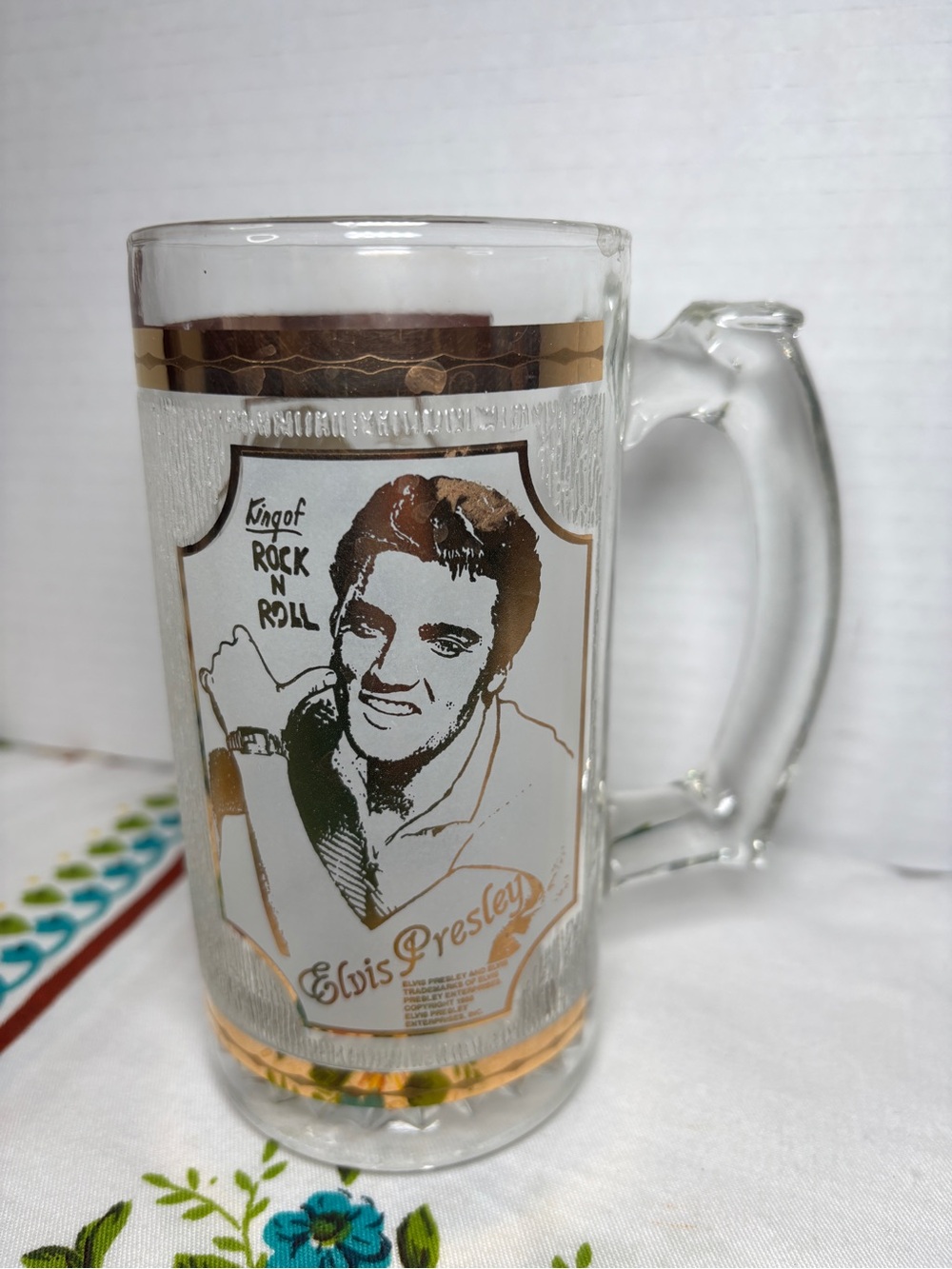 Vintage Elvis King of Rock N Roll Glass 5.5" 22KT Gold Trim Frosted Etched 1988